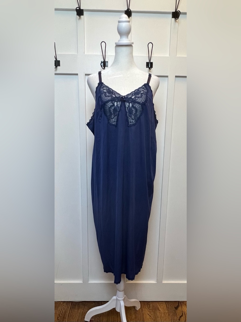 Vintage Shadowline Slip Dress Navy Nylon Lace 46 1X Butterfly Fairy Whimsigoth